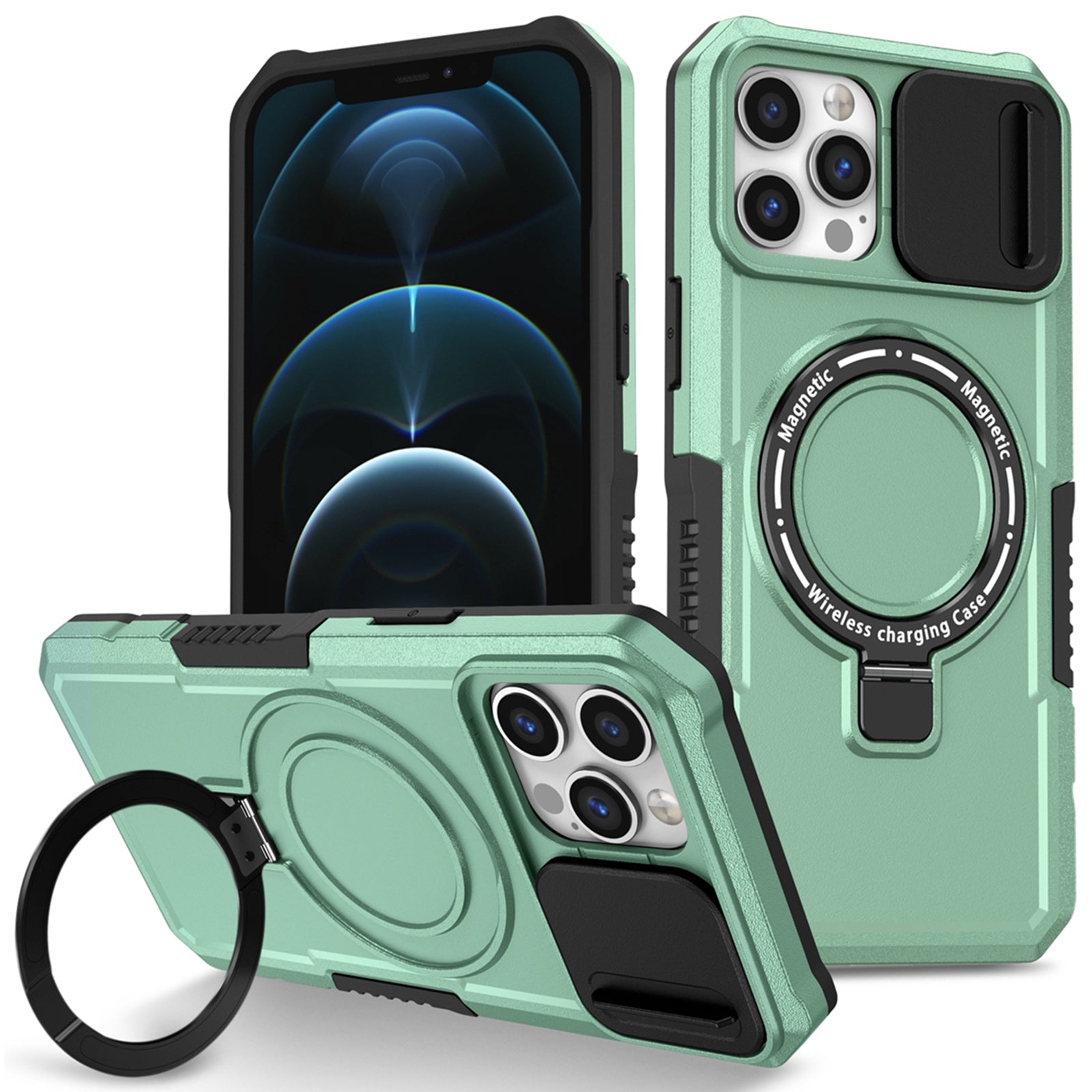 For iPhone 12 / 12 Pro Magnetic Case Slide Lens Lid Kickstand PC+TPU Phone Cover For iPhone 12 / 12 Pro Magnetic Case Slide Lens Lid Kickstand PC+TPU Phone Cover